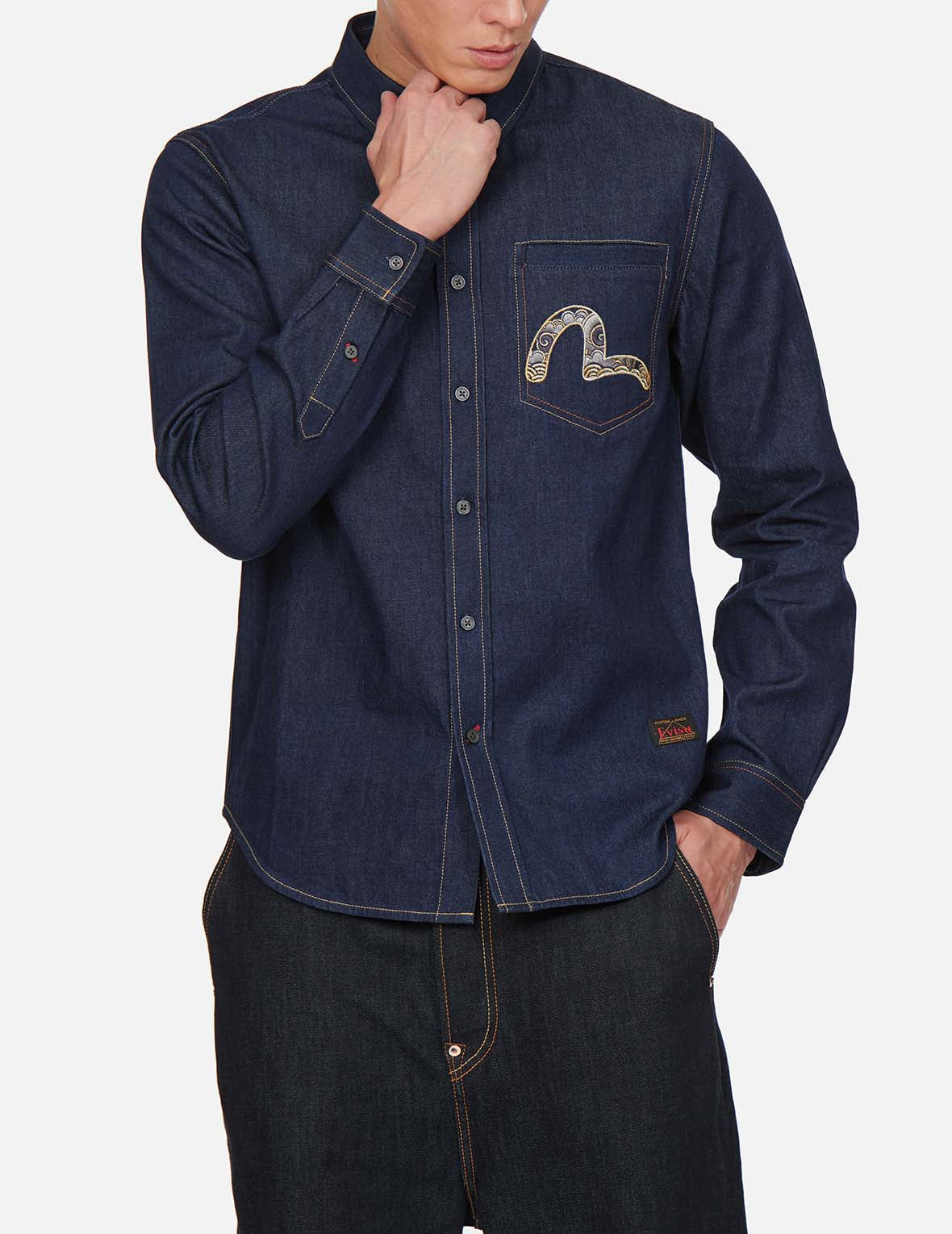 Dragon-embroidered Daicock Print Denim Shirt