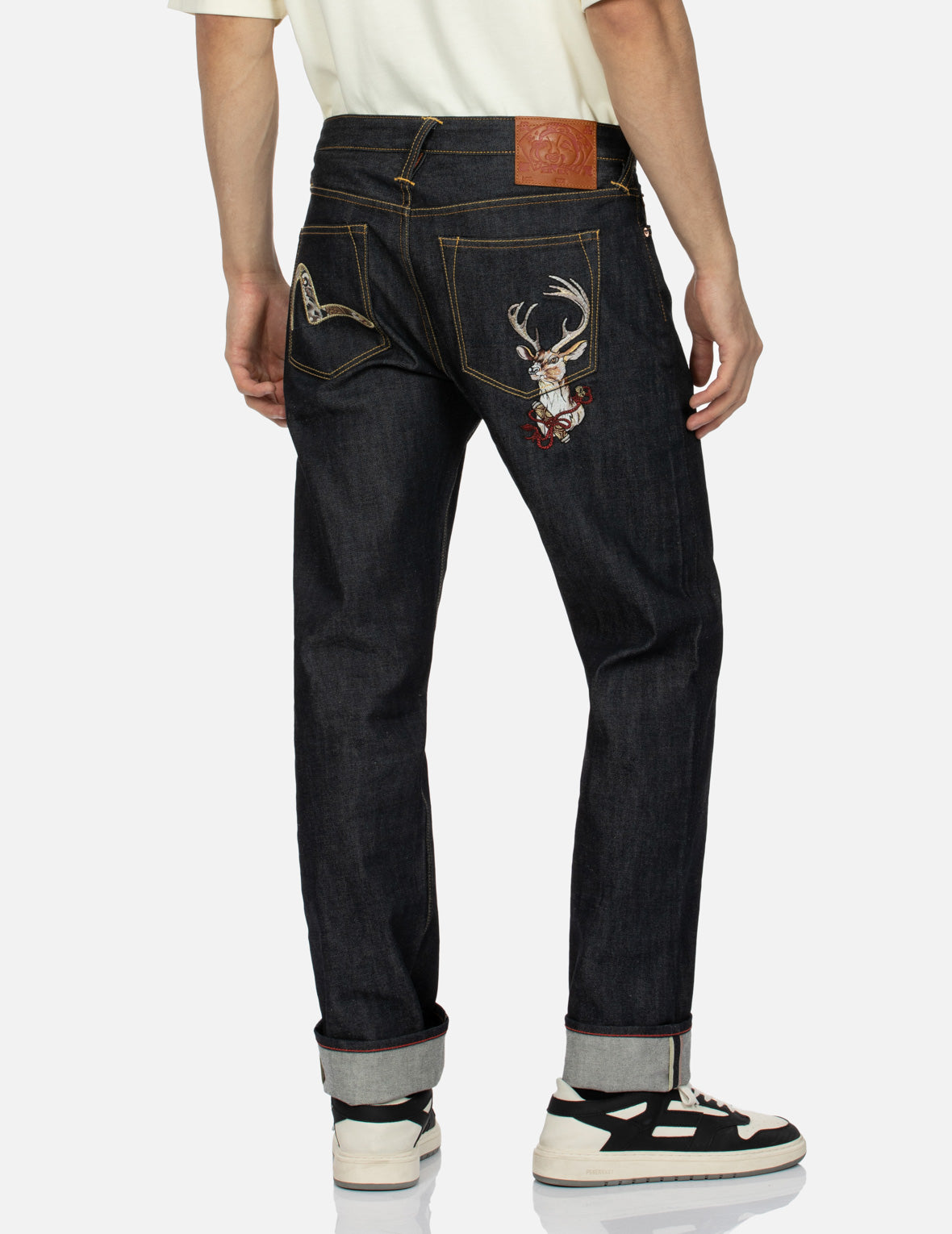 Deer and Seagull Embroidery Slim Fit Selvedge Denim Jeans #2010