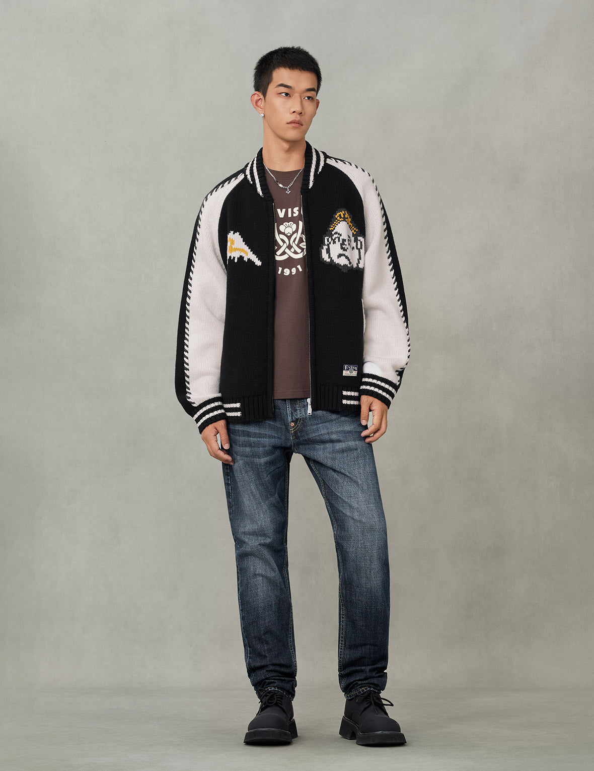 Henohenomohe Godhead Intarsia Knit Relax Fit Cardigan
