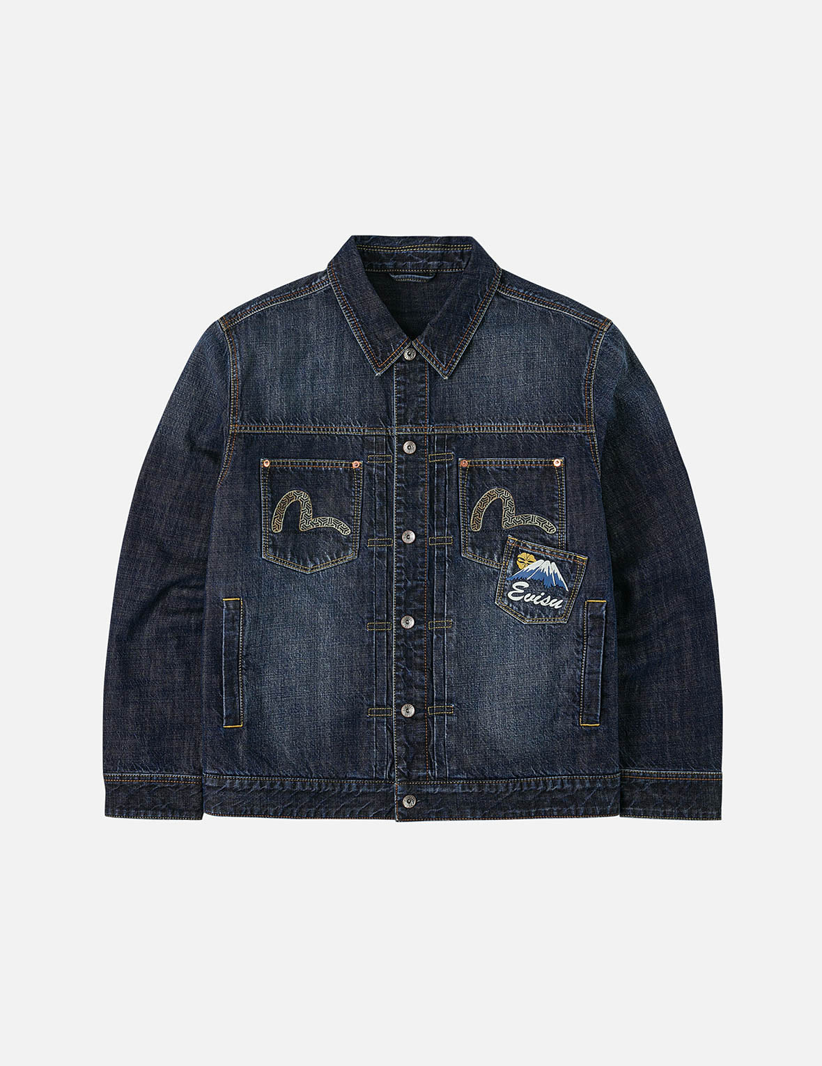 Washed Multi-Pocket with Lion Dance Print Relax Fit Denim Jacket