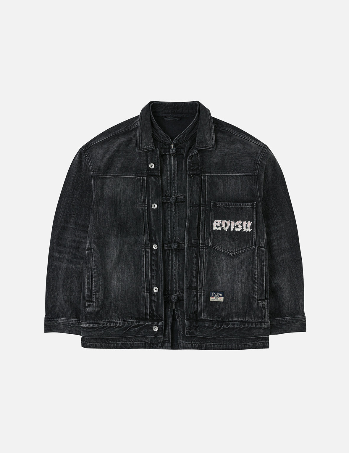 Washed Godhead and Logo Embroidery Oversized Chinese Style Denim Jacket
