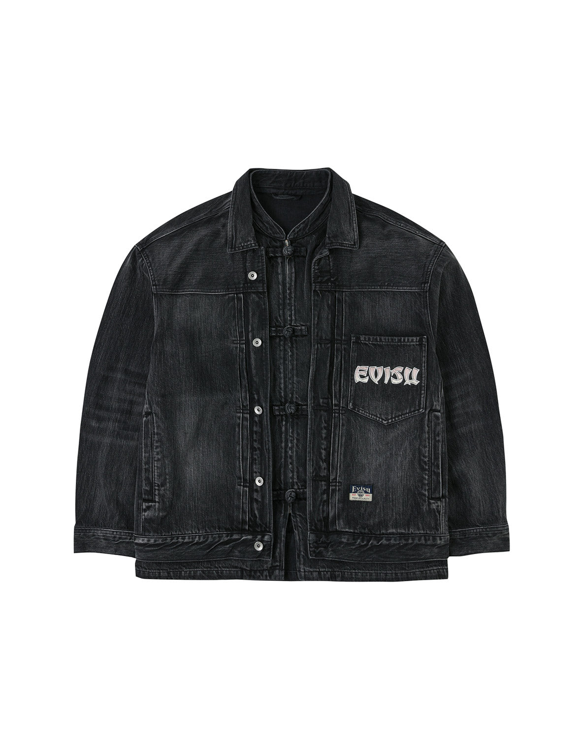 Washed Godhead and Logo Embroidery Oversized Chinese Style Denim Jacket