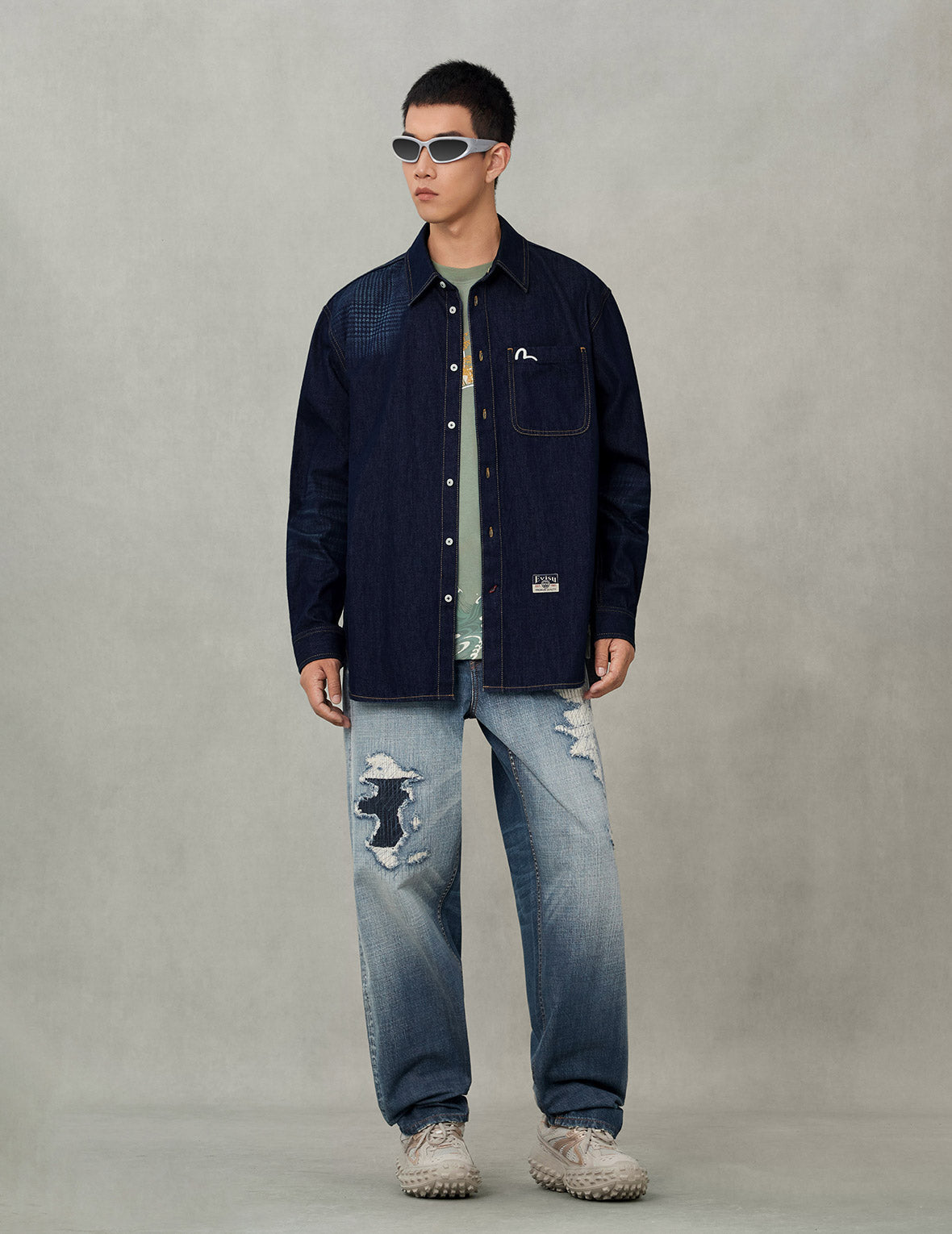 Handbrush Houndstooth Print Relax Fit Denim Shirt