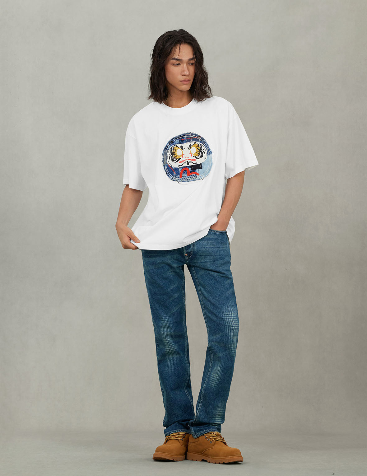 Washed Handbrush Houndstooth Daicock Print Slim Fit Jeans #2010