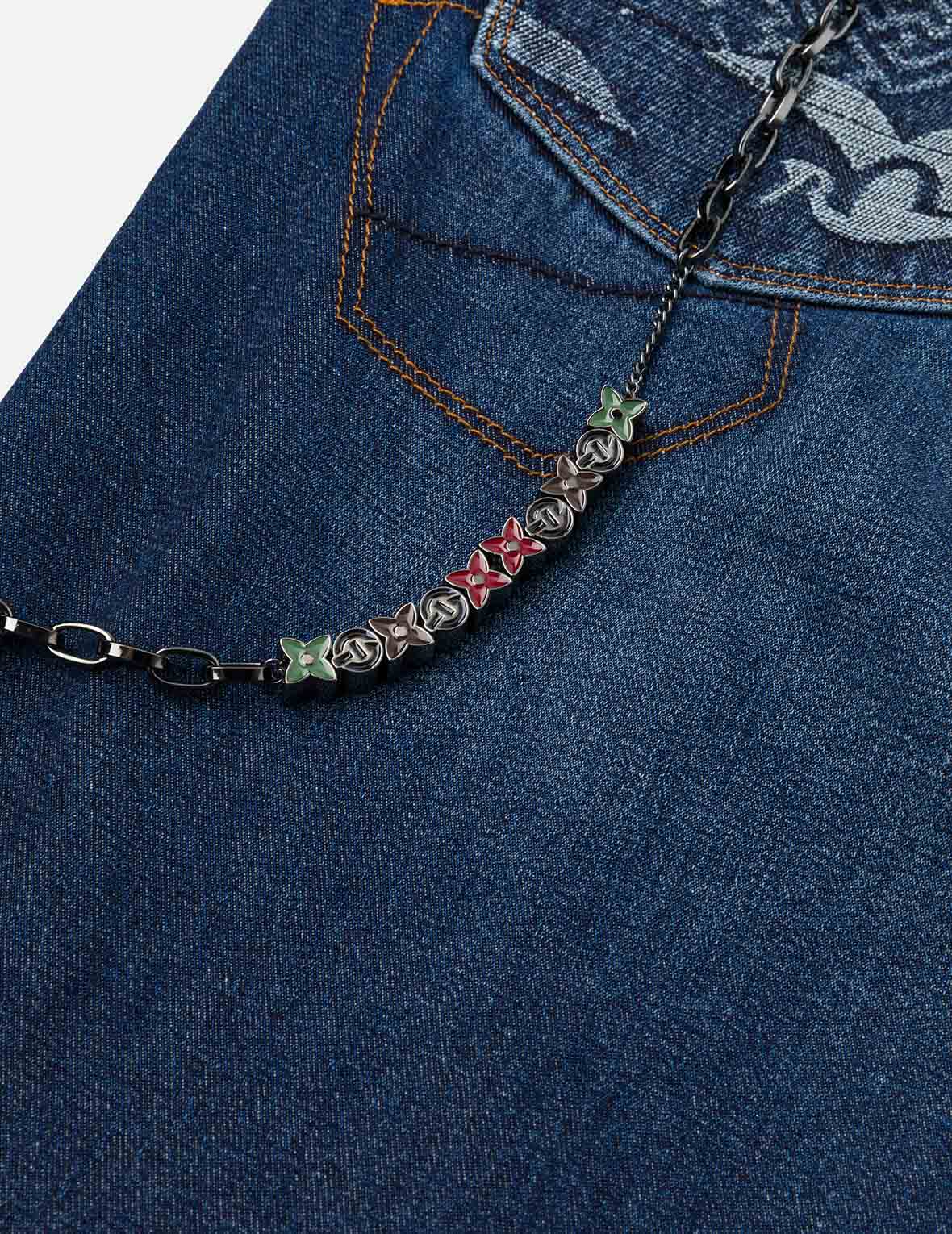 Multi-pocket and Seagull Crane Print Loose Fit Washed Denim Joggers