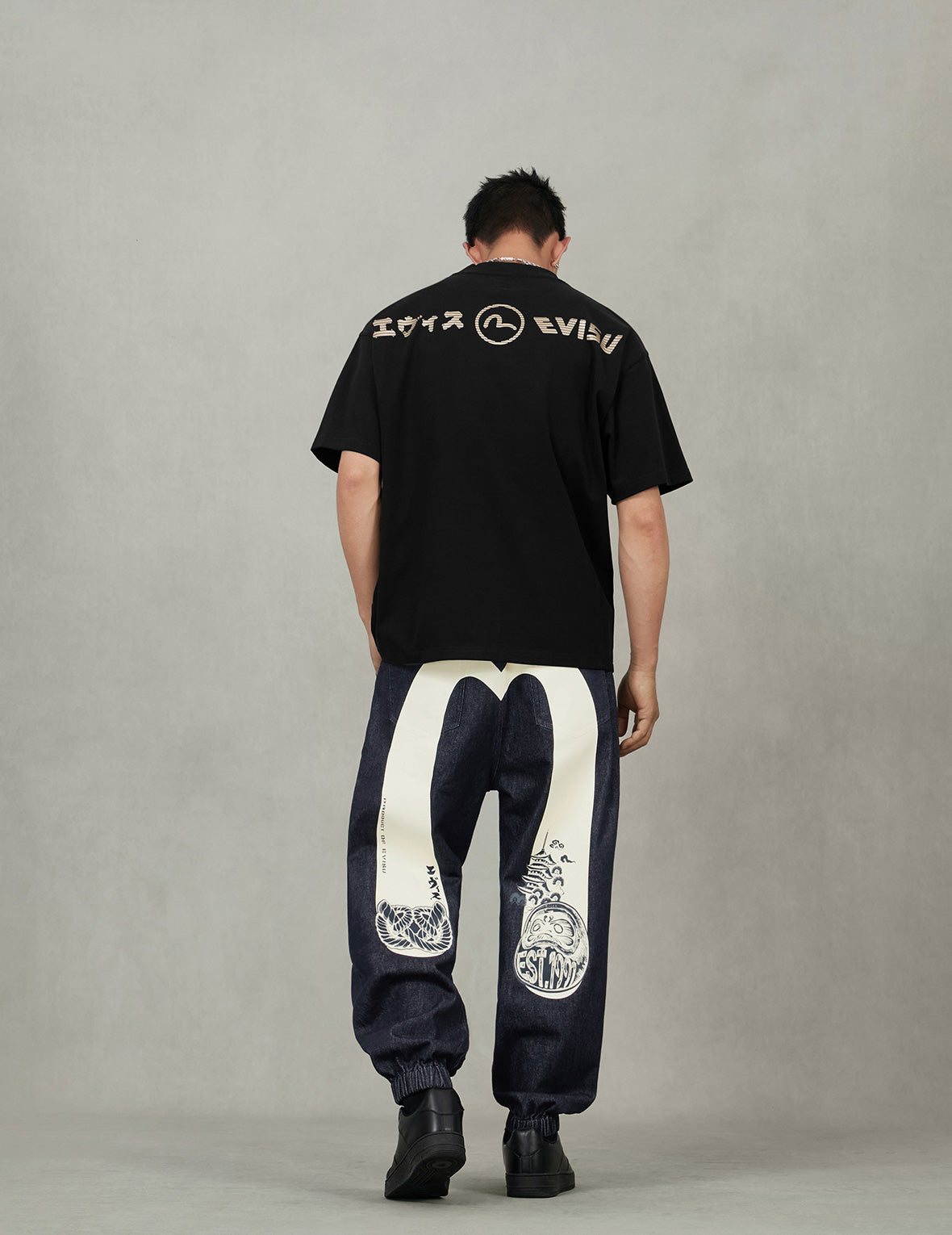 Daruma and Wheel of Wisdom Daicock Print Loose Fit Denim Joggers