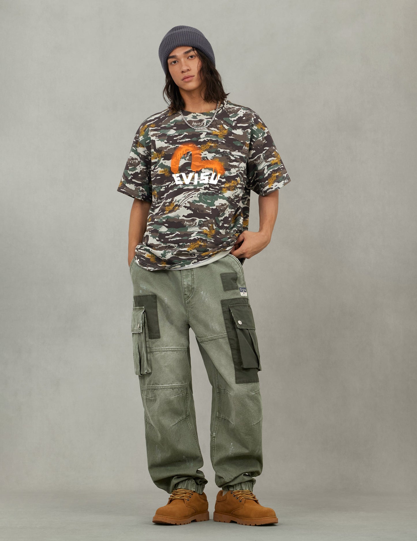 Dual Seagull Print Loose Fit Washed Woven Cargo Joggers