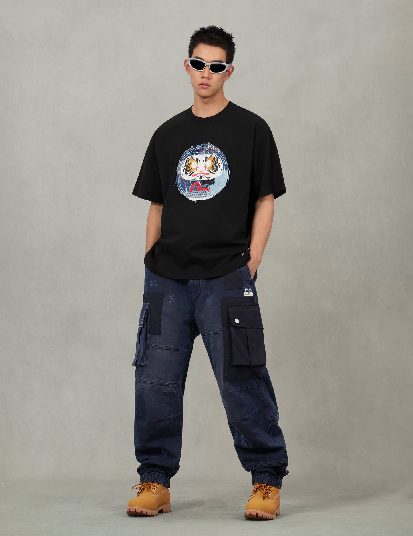 Dual Seagull Print Loose Fit Washed Woven Cargo Joggers