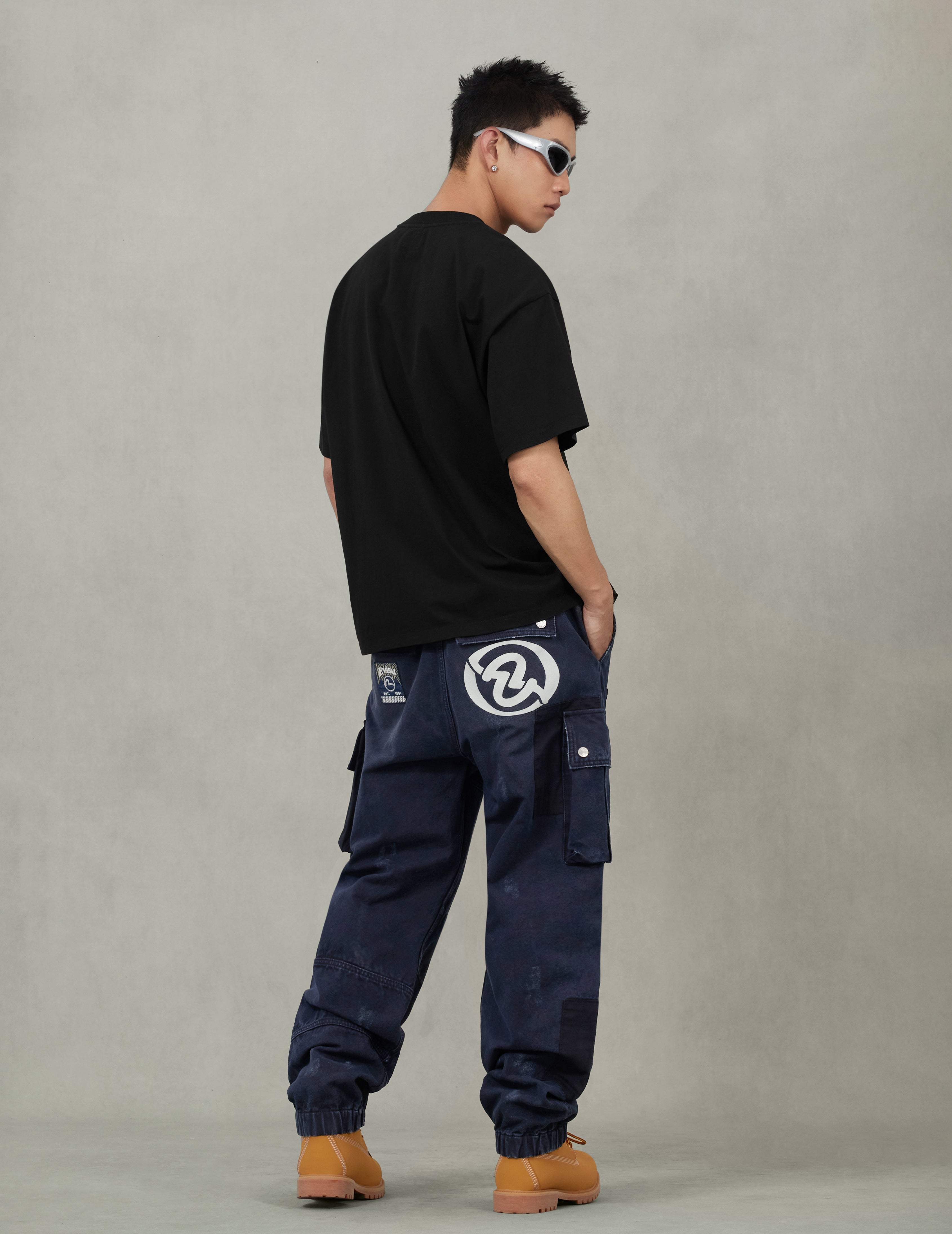 Dual Seagull Print Loose Fit Washed Woven Cargo Joggers