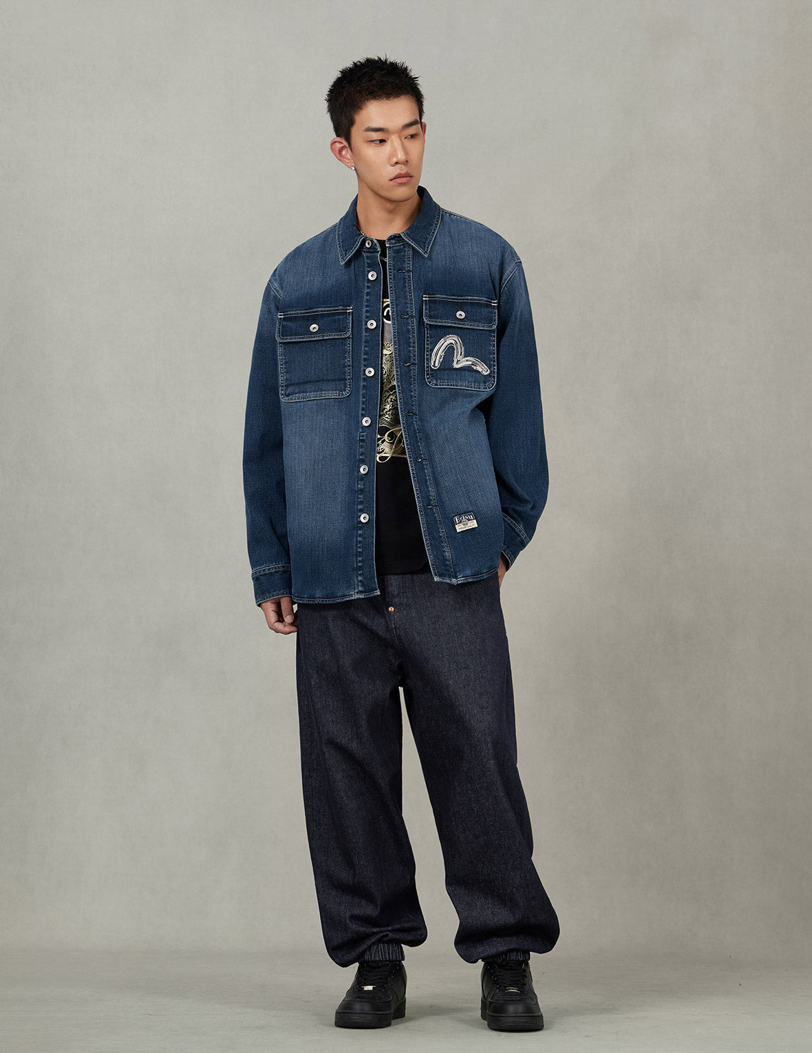 Washed Seagull Embroidery Regular Fit Denim Shirt