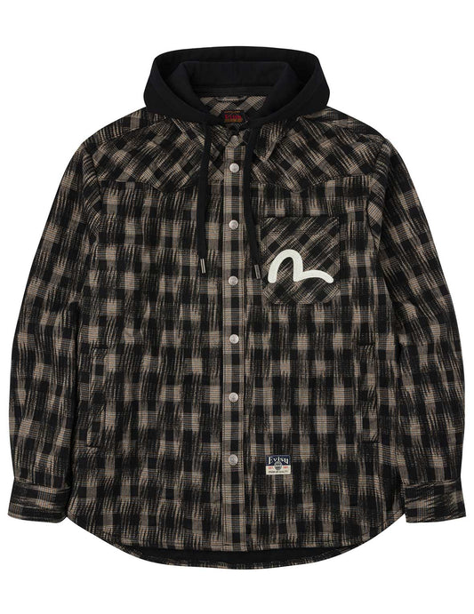 Seagull Embroidery Relax Fit Hooded Checked Shirt Jacket