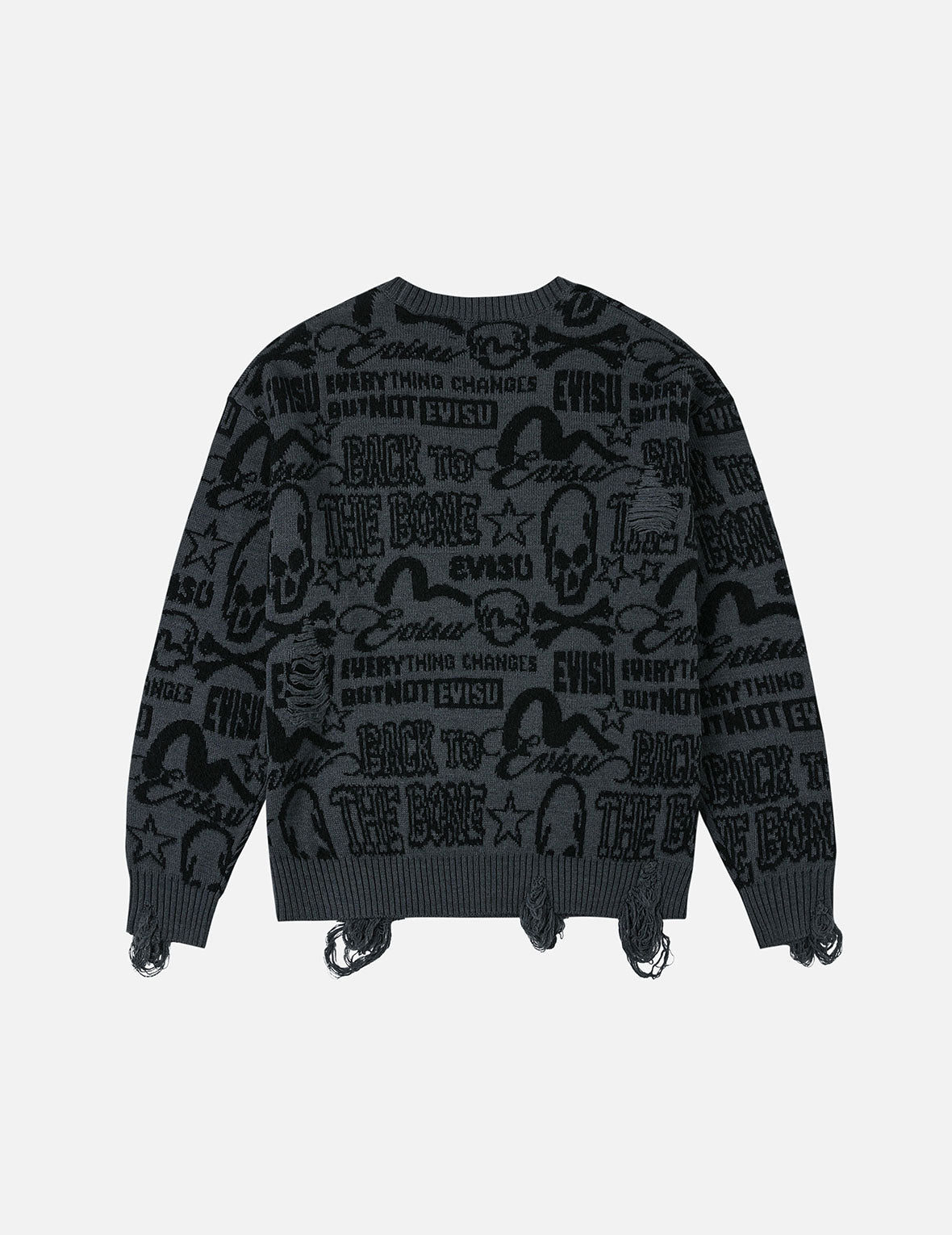 Allover Logos Jacquard Oversized Distressed Knit Sweater