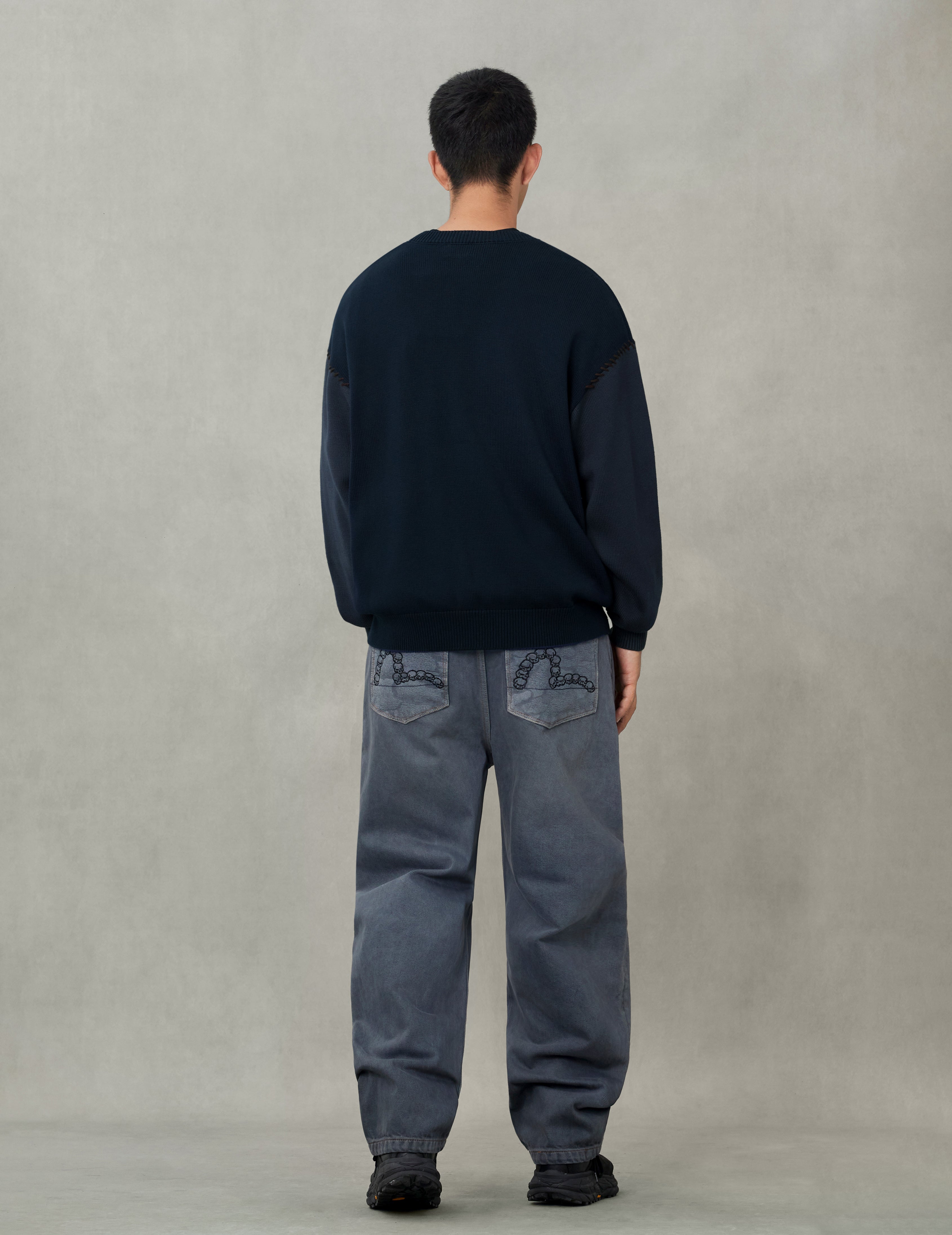 Skull and Seagull Jacquard Oversized Color-Blocking Knit Sweater
