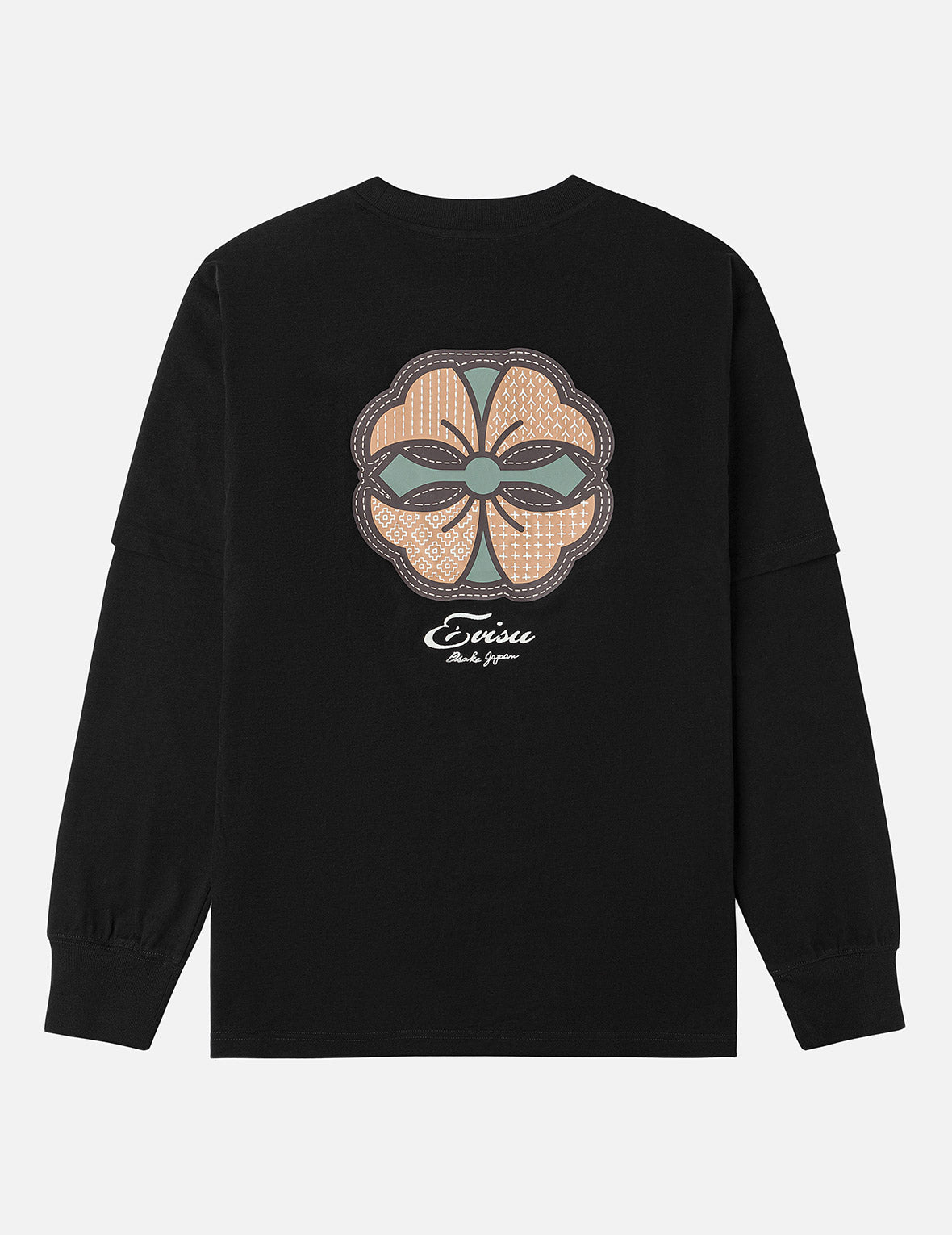 Sashiko-style Kamon Print Fashion Fit 2-in-1 Design Long-sleeve T-shirt