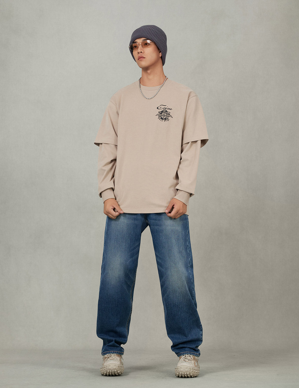 Sashiko-style Kamon Print Fashion Fit 2-in-1 Design Long-sleeve T-shirt