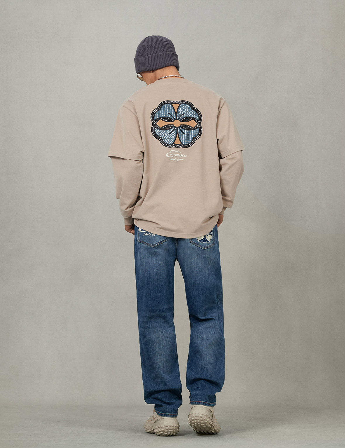 Sashiko-style Kamon Print Fashion Fit 2-in-1 Design Long-sleeve T-shirt
