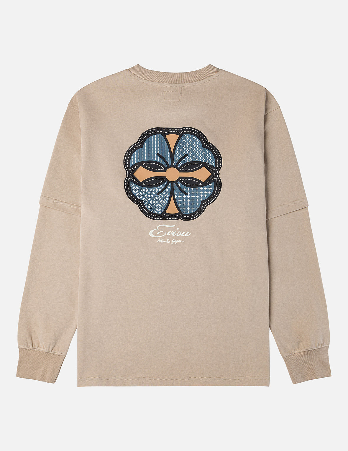 Sashiko-style Kamon Print Fashion Fit 2-in-1 Design Long-sleeve T-shirt