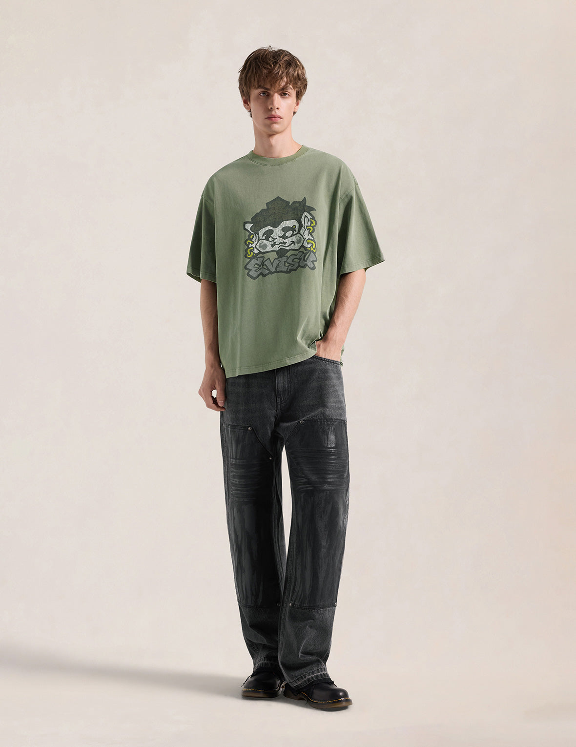 Waxed Double Knee Multi-pocket Seagull Printed Loose Fit Jeans