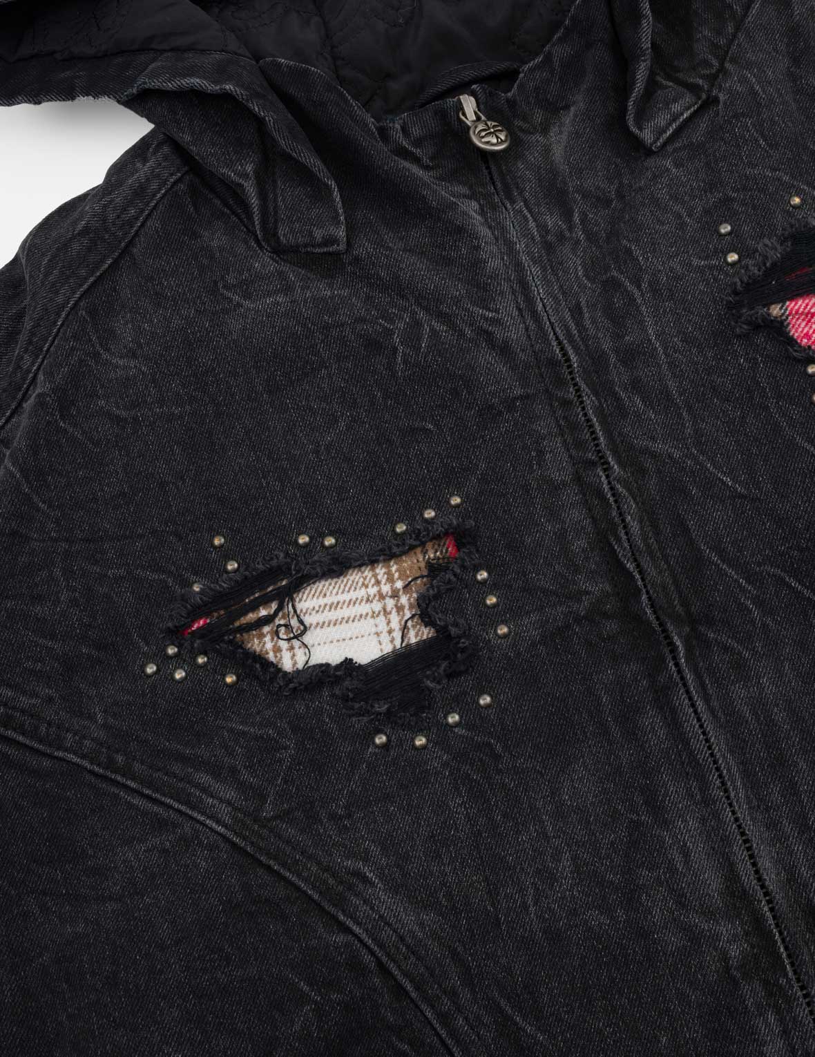 Distressed Plaid Patch Hooded Padding Denim Jacket
