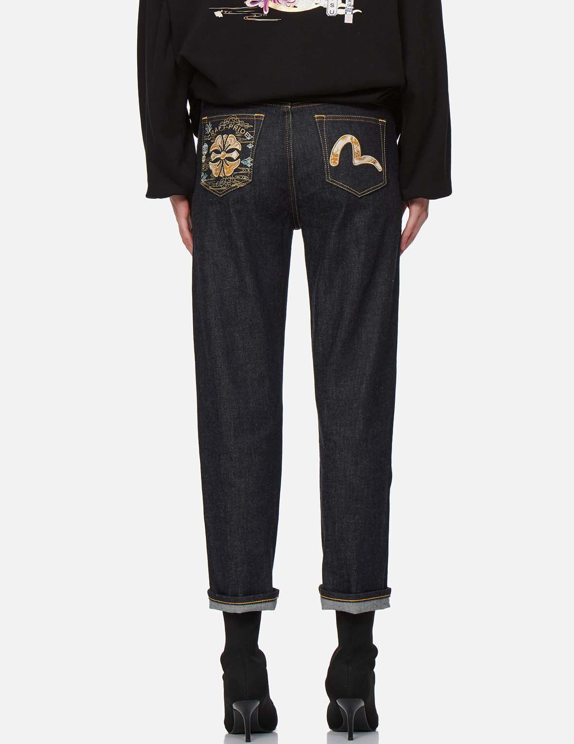 Brocade Kamon and Seagull Appliqué Straight Leg Jeans