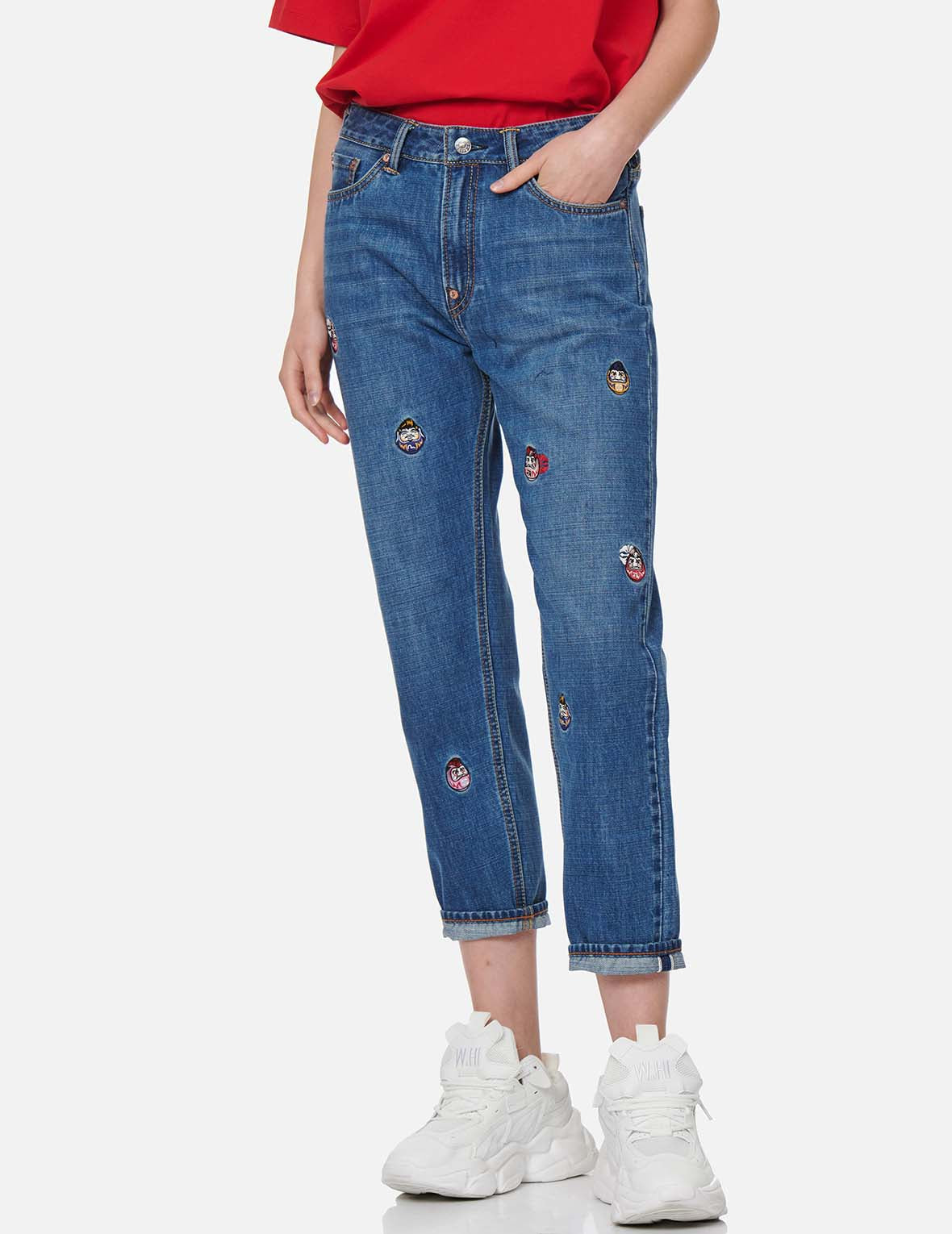 Allover Daruma Embroidered Relax-Cut Denim Jeans