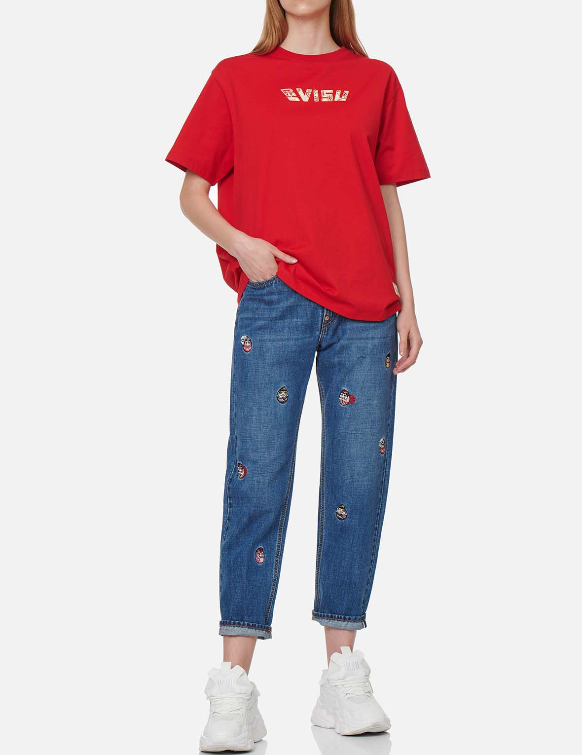 Allover Daruma Embroidered Relax-Cut Denim Jeans