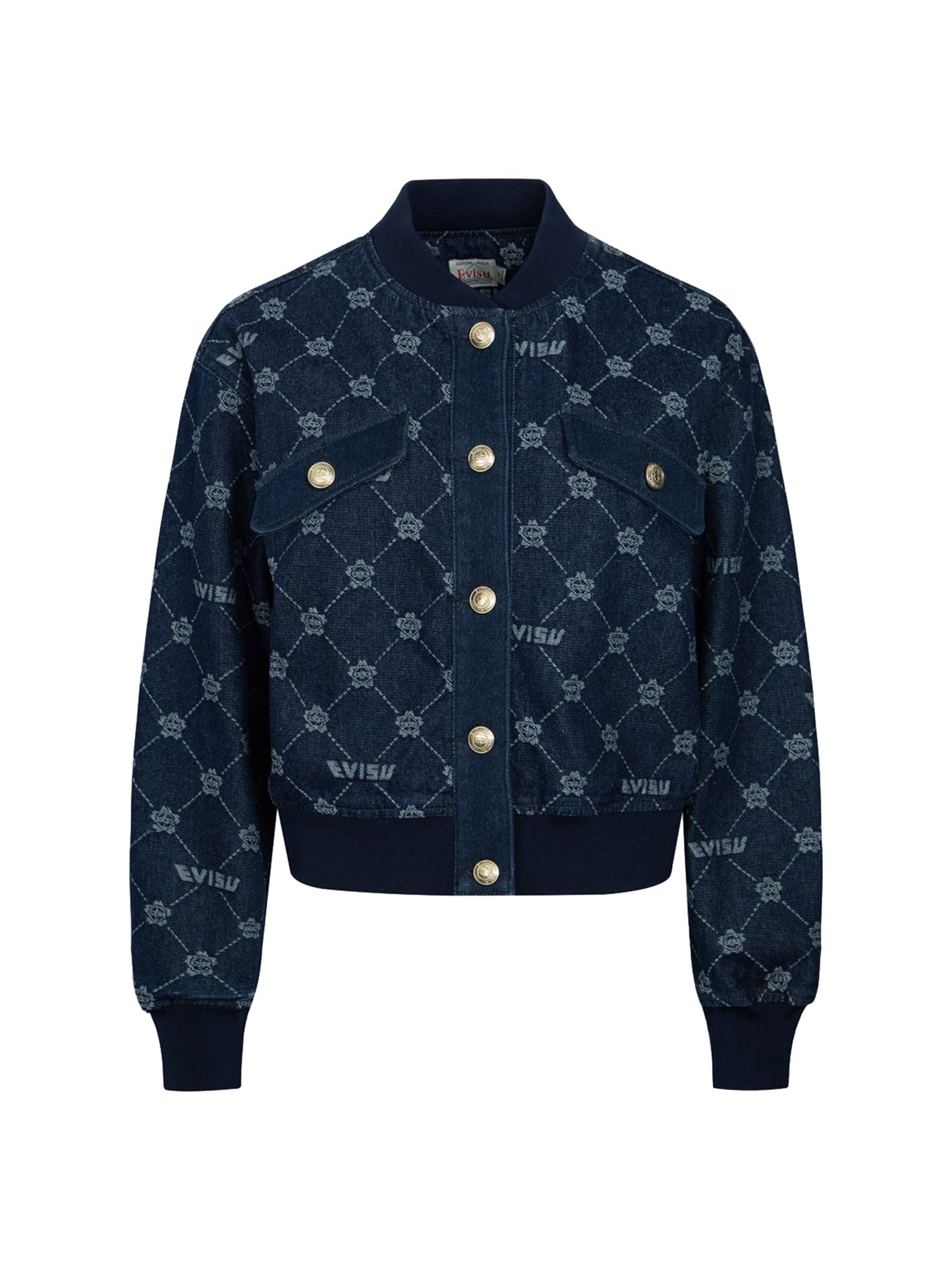 Allover Kamon and Logo Drop Shoulder Denim Bomber Jacket