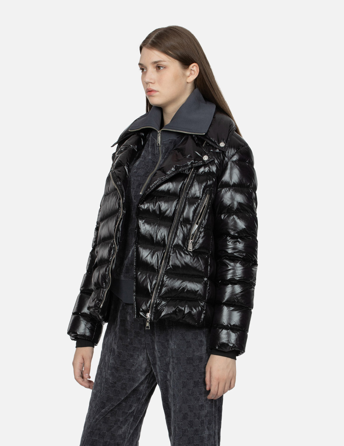 Pearlized Black Fashion Fit Biker Down Jacket