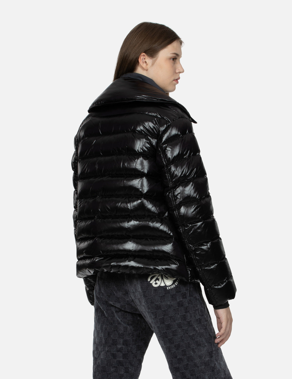 Pearlized Black Fashion Fit Biker Down Jacket