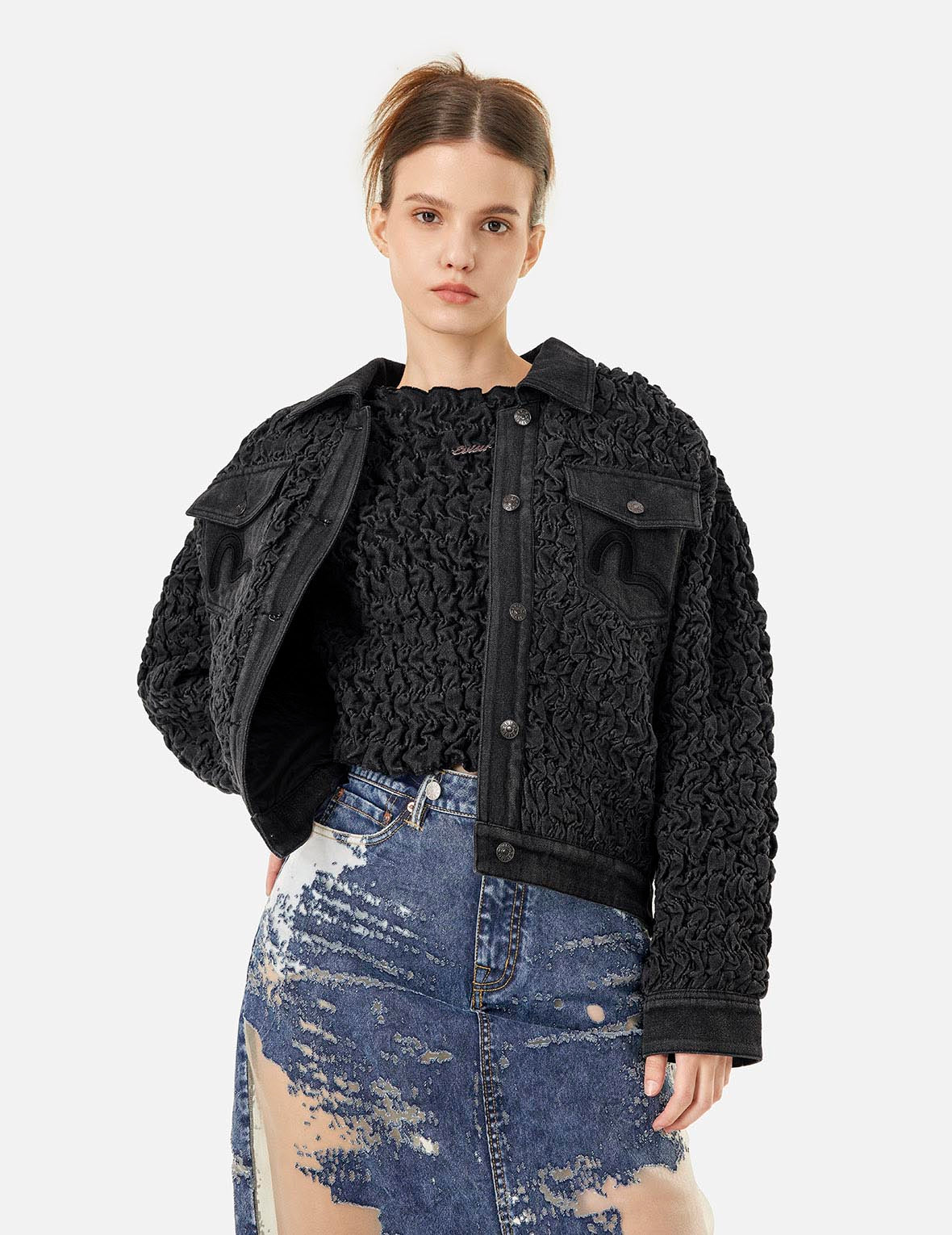 Seagull Embroidery Texture Oversized Denim Jacket