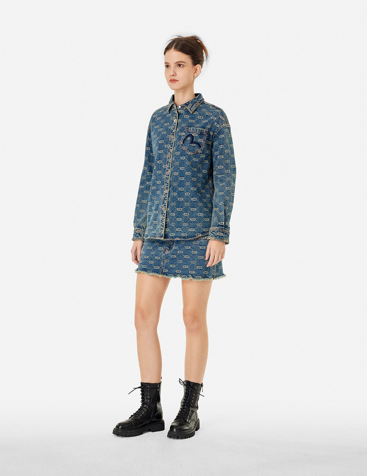 Allover Logo Jacquard and Seagull Embroidery Boyfriend Fit Denim Shirt Jacket