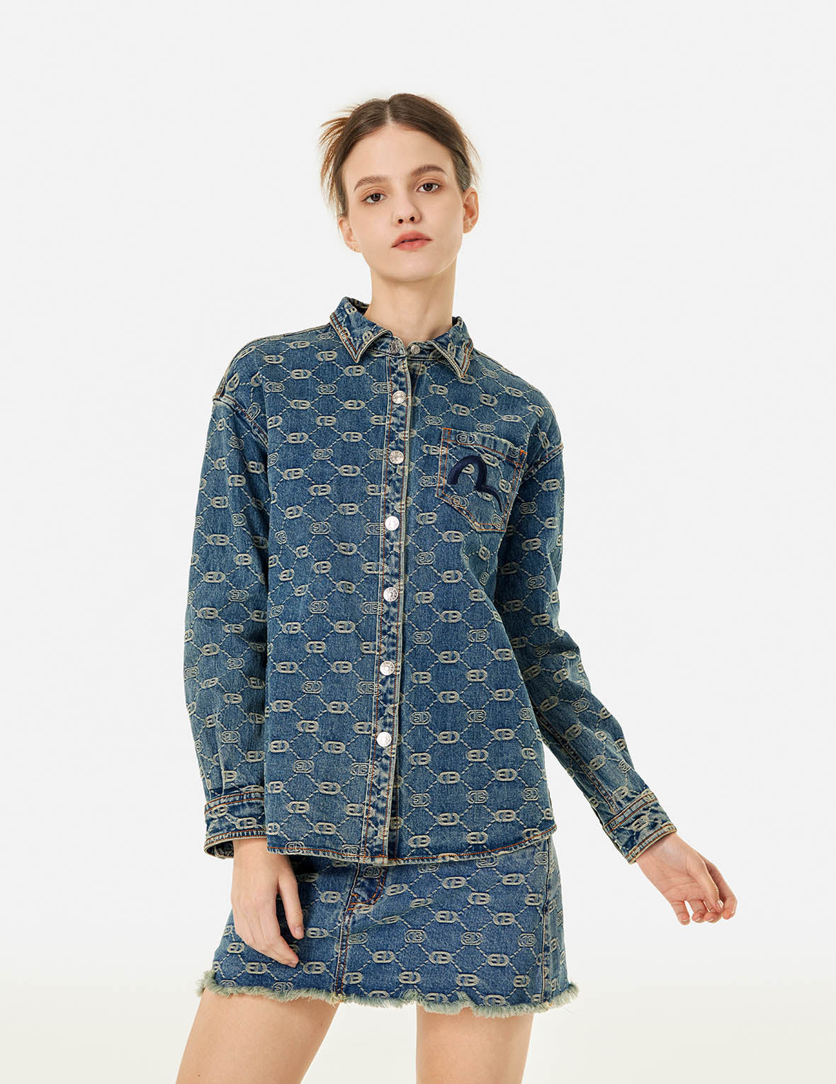 Allover Logo Jacquard and Seagull Embroidery Boyfriend Fit Denim Shirt Jacket