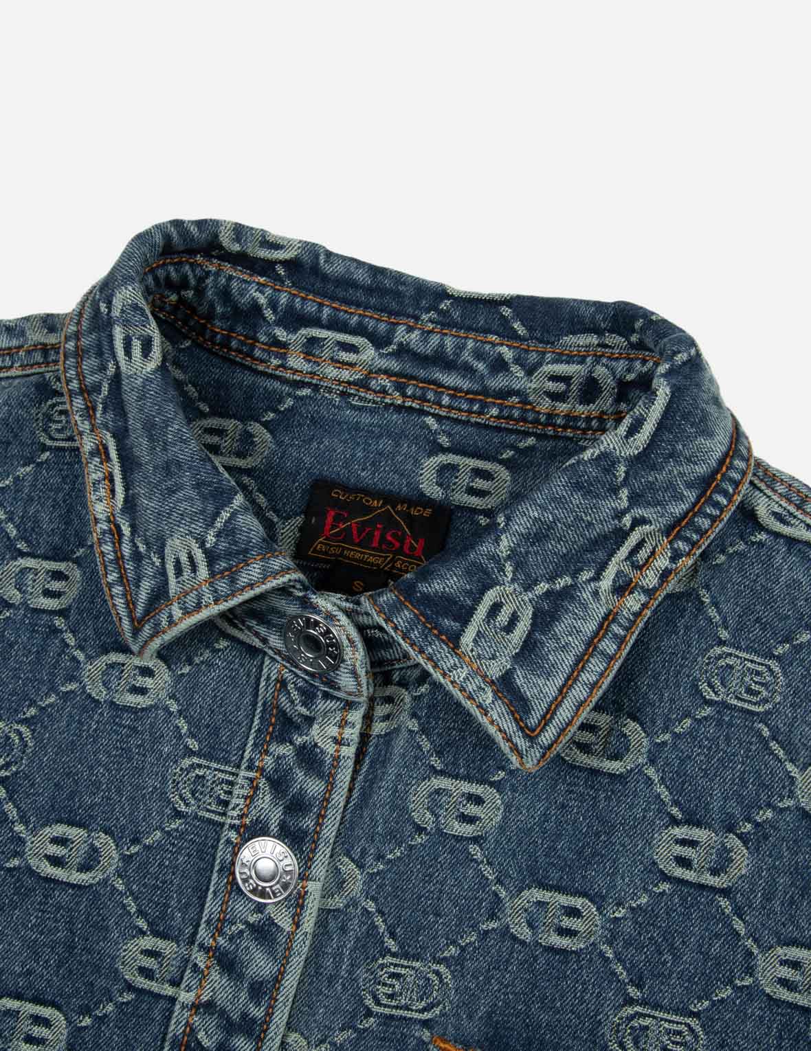 Allover Logo Jacquard and Seagull Embroidery Boyfriend Fit Denim Shirt Jacket