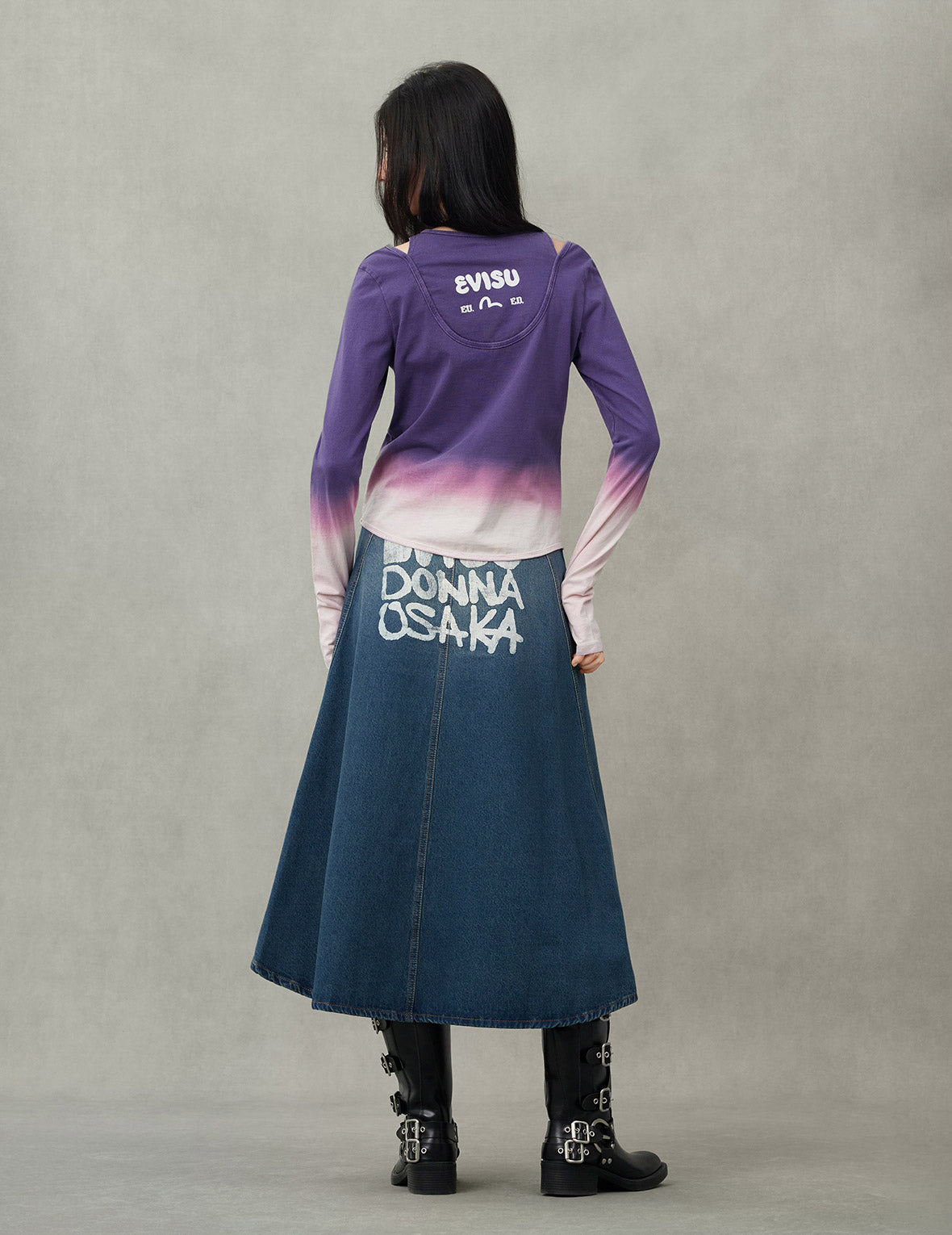 Slogan Print Fashion Fit Washed Denim A-line Skirt – EVISU