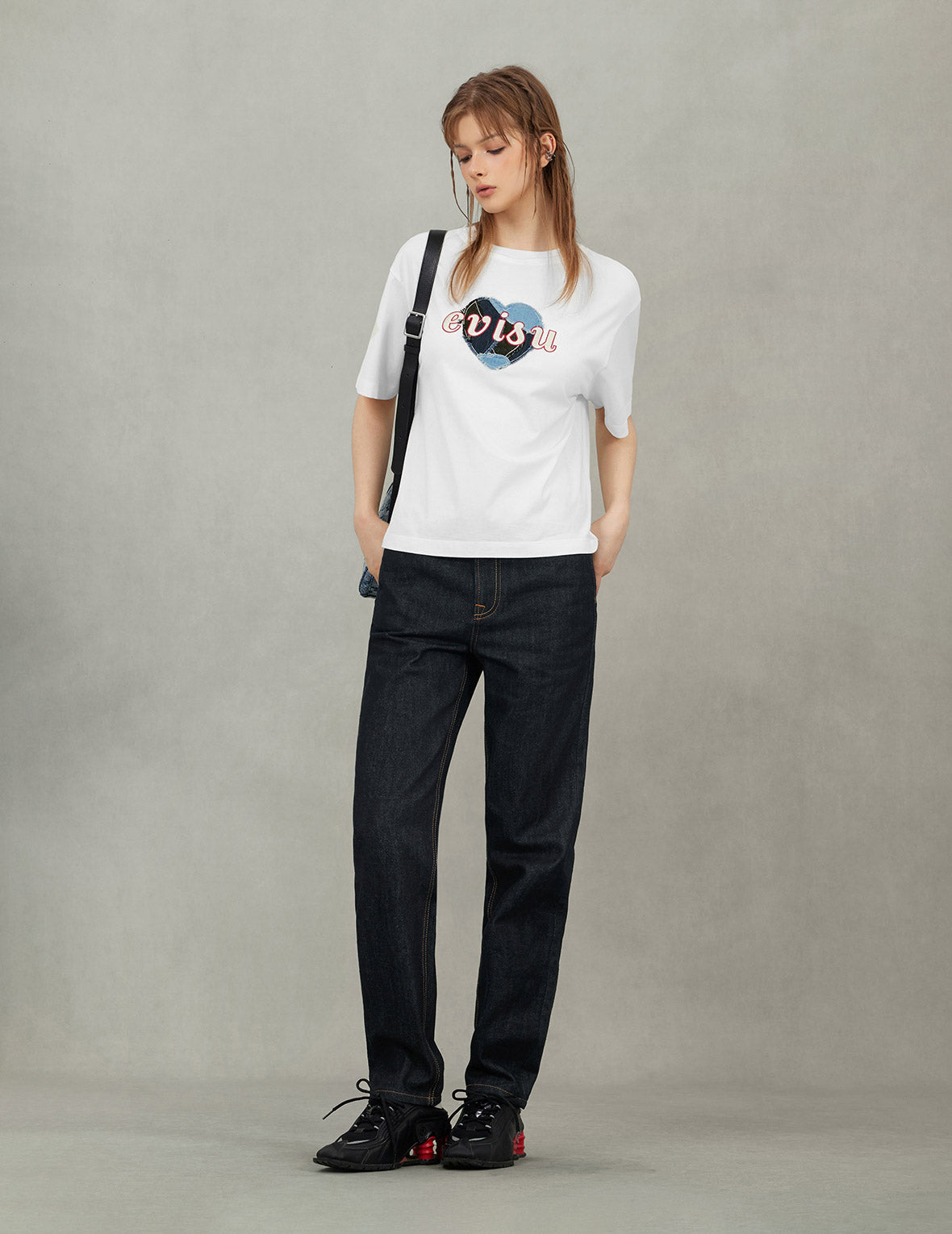 Denim Patchwork Heart and Logo Embroidery Drop Shoulder T-Shirt