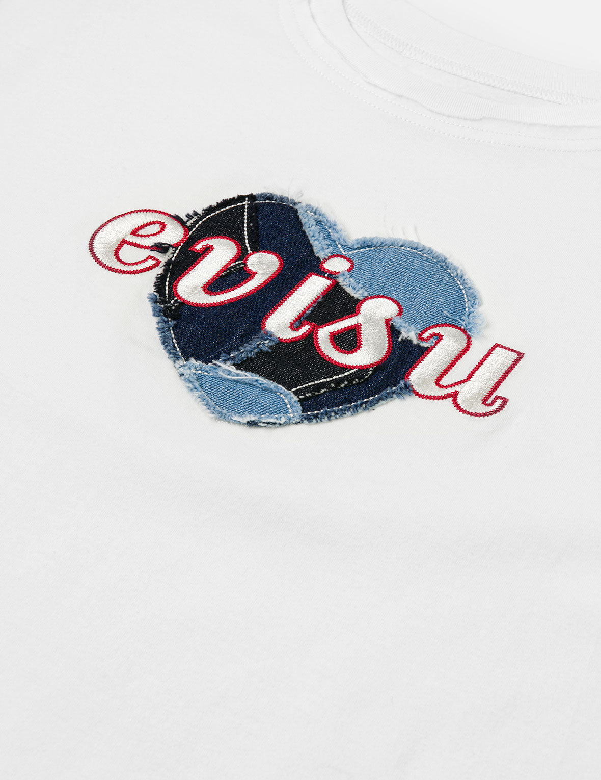 Denim Patchwork Heart and Logo Embroidery Drop Shoulder T-Shirt