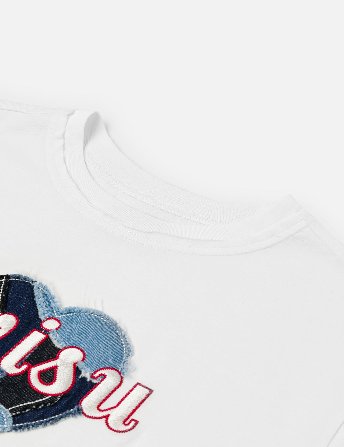 Denim Patchwork Heart and Logo Embroidery Drop Shoulder T-Shirt