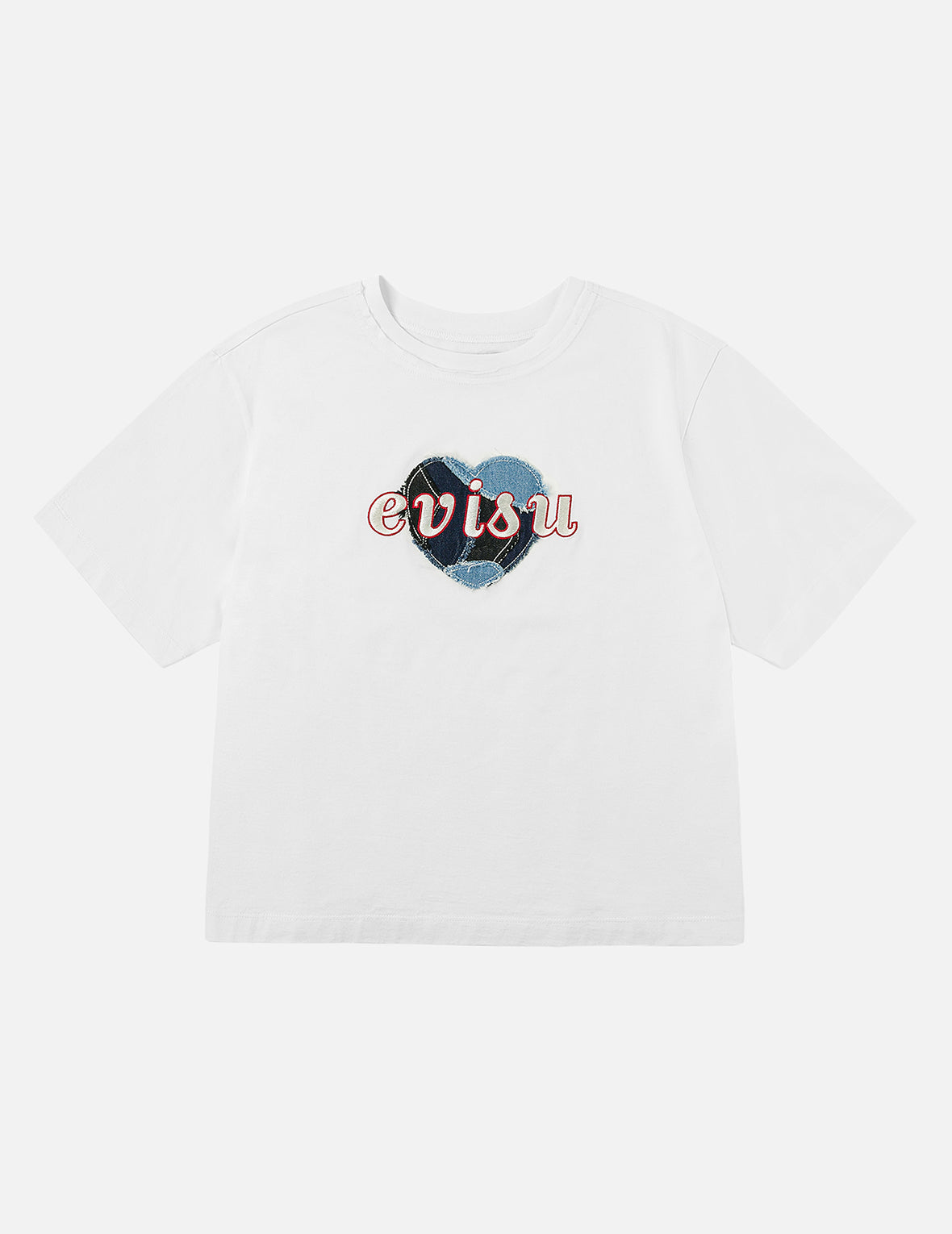Denim Patchwork Heart and Logo Embroidery Drop Shoulder T-Shirt