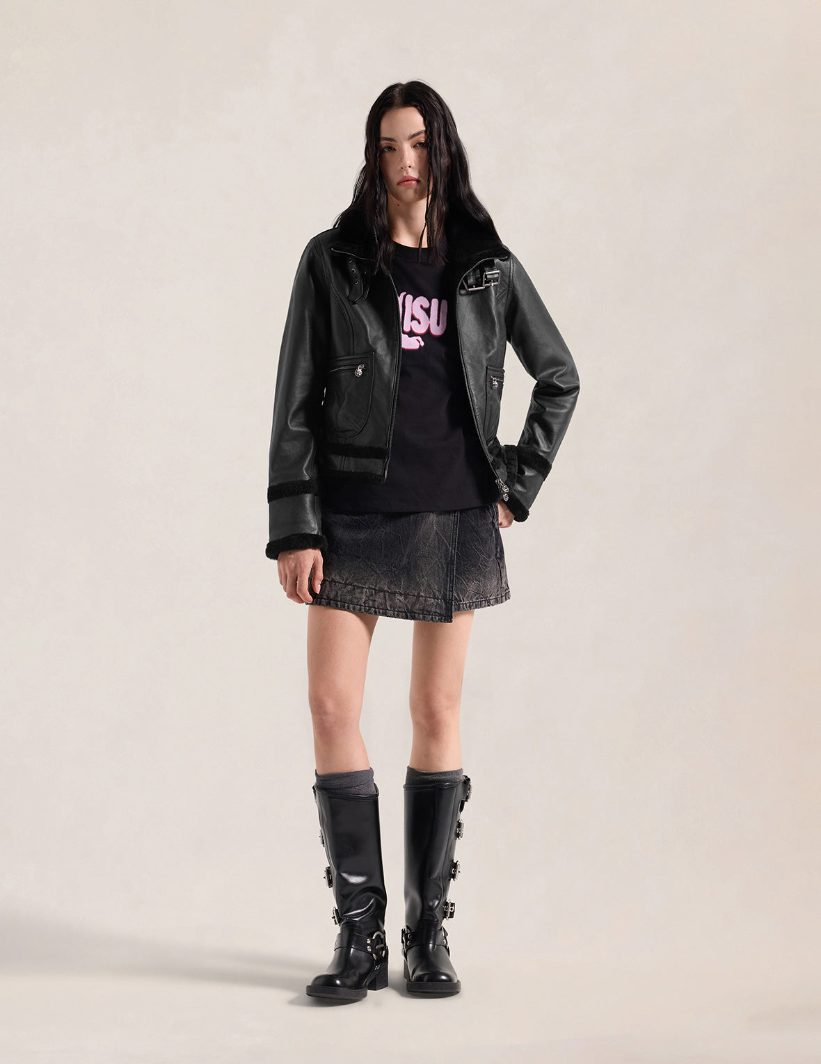 Shearling Trimmed Stand Collar Leather Jacket