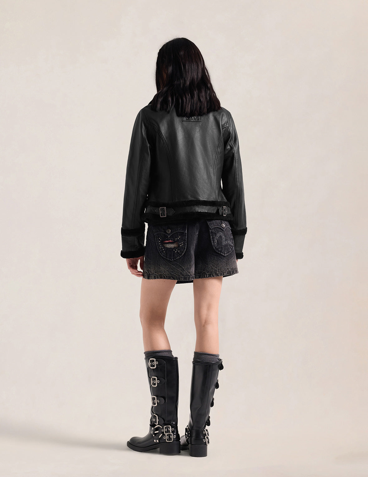 Shearling Trimmed Stand Collar Leather Jacket