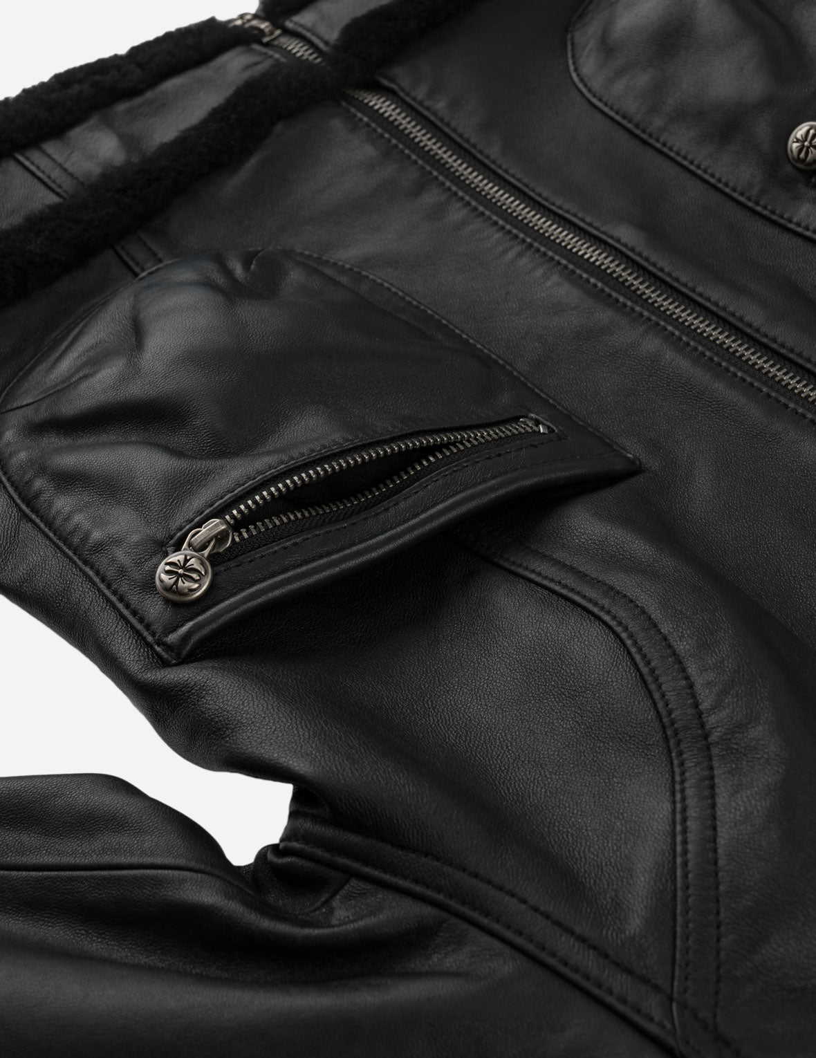 Shearling Trimmed Stand Collar Leather Jacket