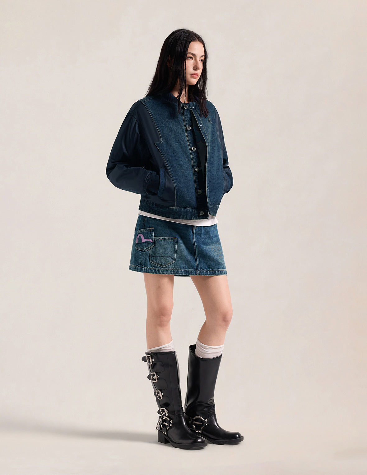 Seagull Print Multi-Pocket Denim Skirt