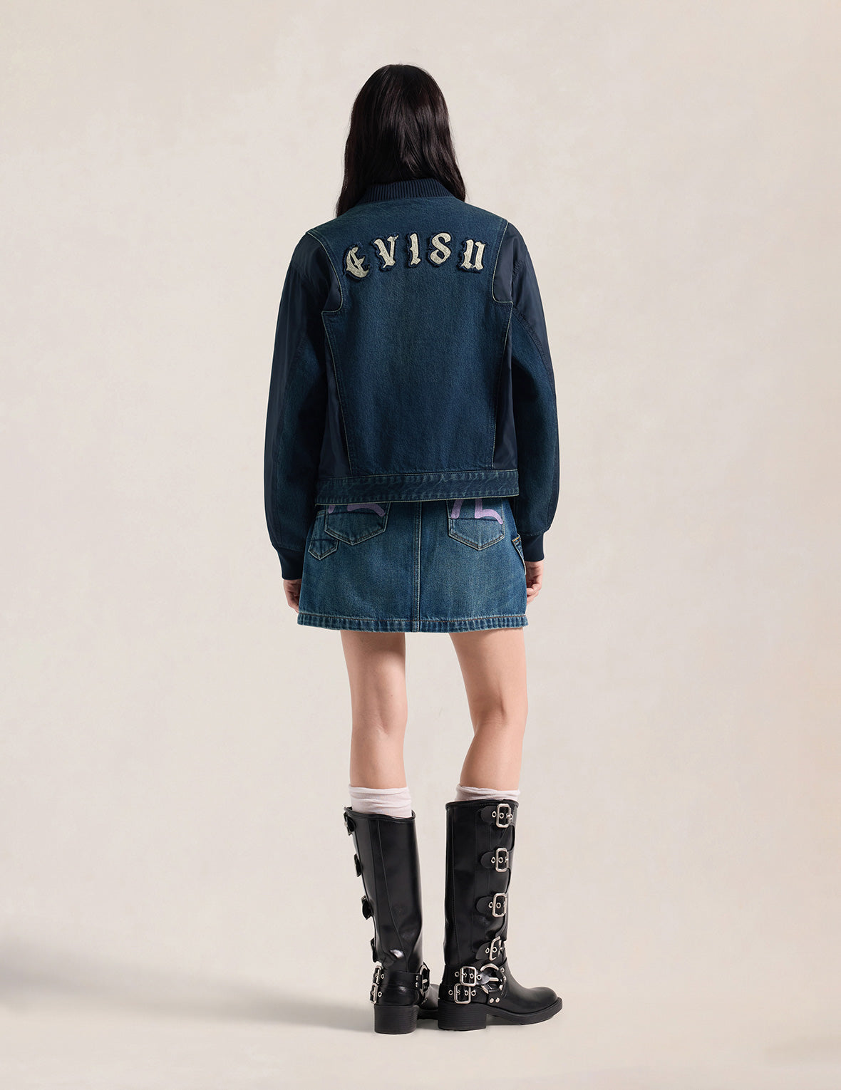 Seagull Print Multi-Pocket Denim Skirt