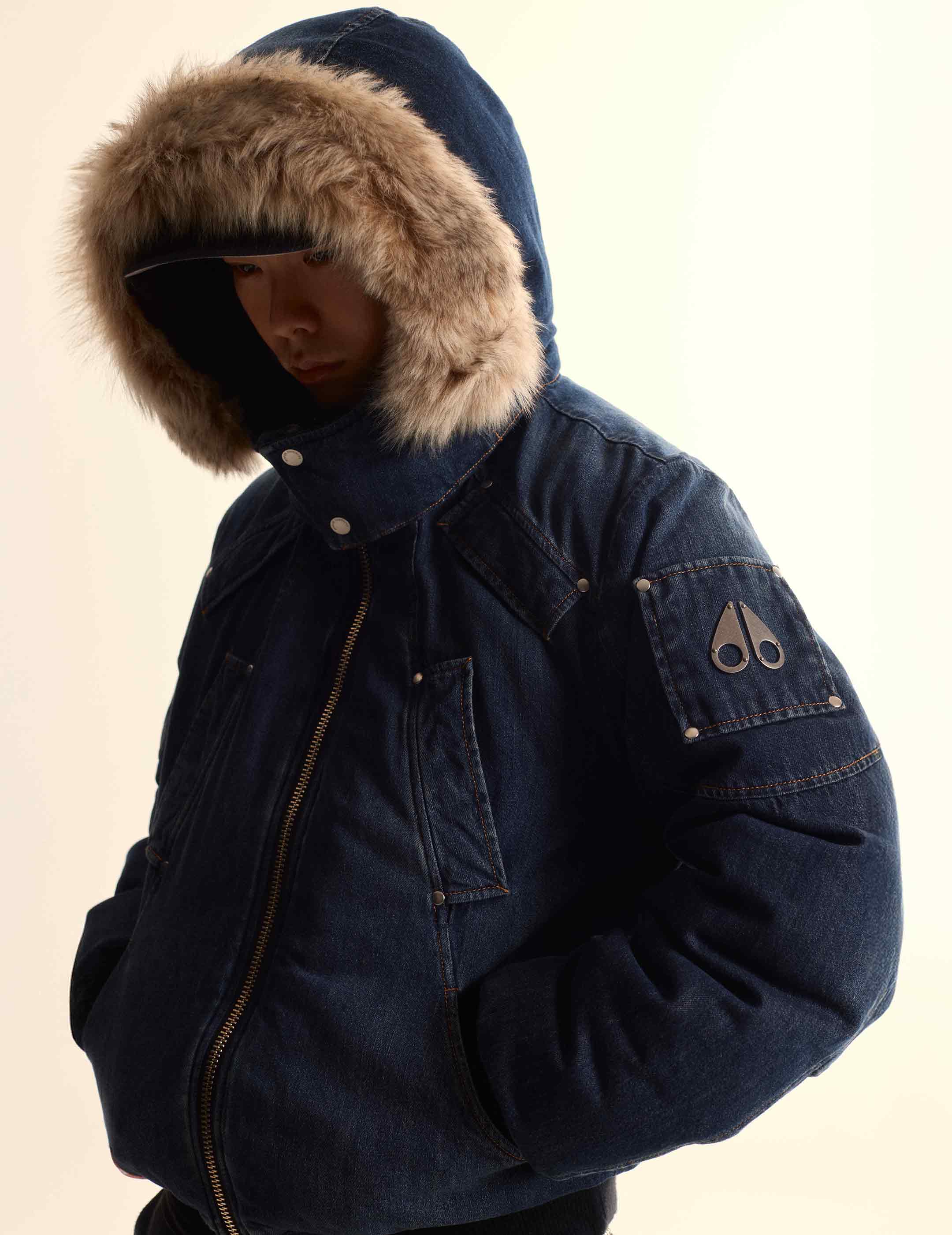 EVISU X MOOSE KNUCKLES Ukiyo-e Denim Bomber Down