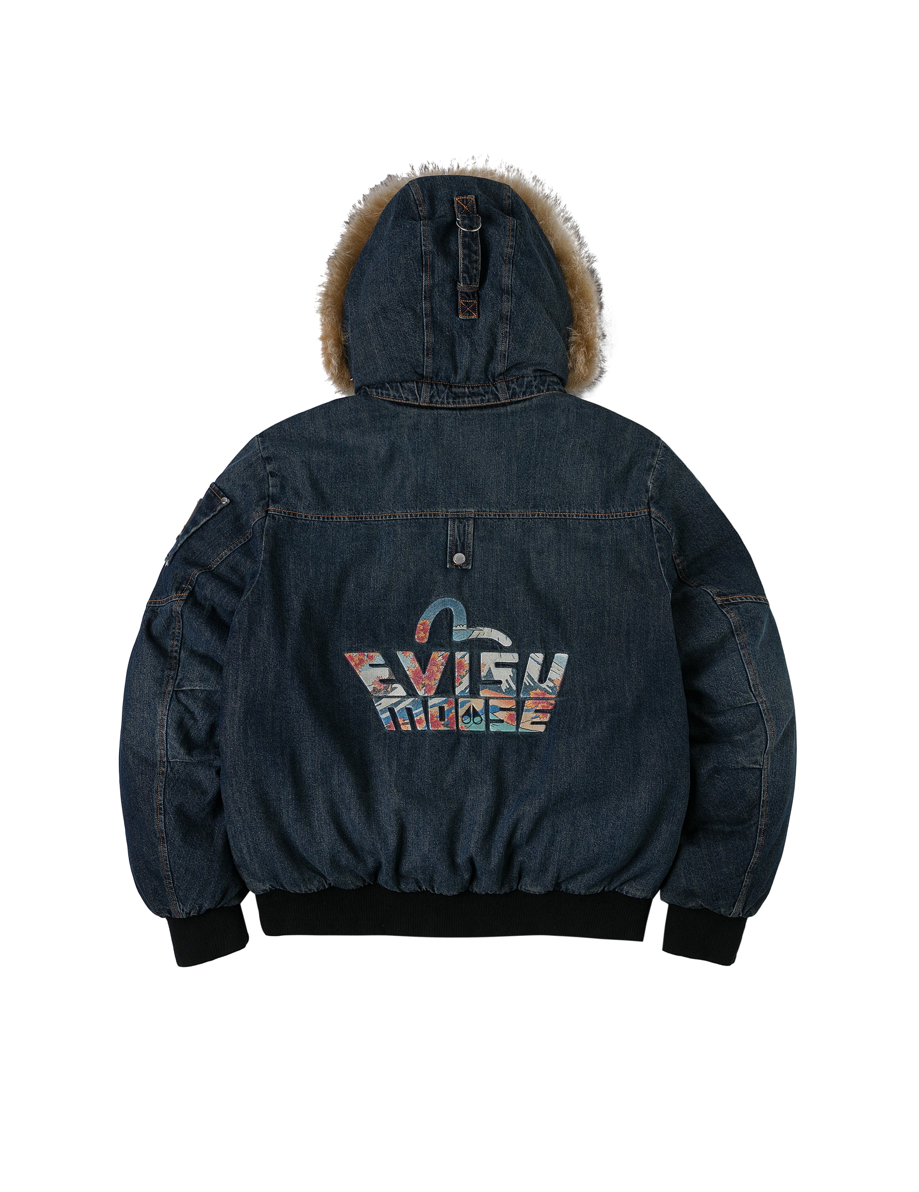 EVISU X MOOSE KNUCKLES Ukiyo-e Denim Bomber Down