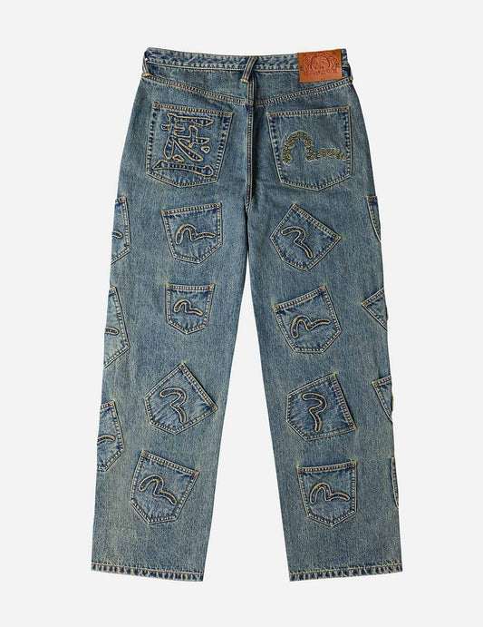EVISU X F-LAGSTUF-F Dirty Washed and Embroideried Multi-Pocket Relax Fit Denim Jeans
