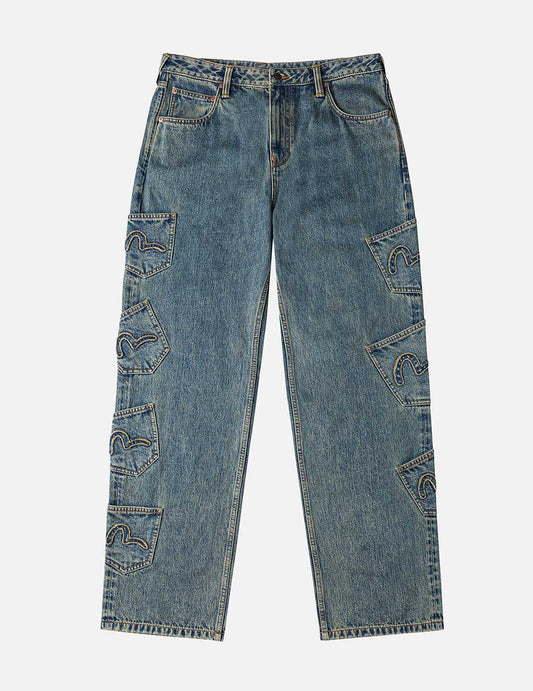 EVISU X F-LAGSTUF-F Dirty Washed and Embroideried Multi-Pocket Relax Fit Denim Jeans