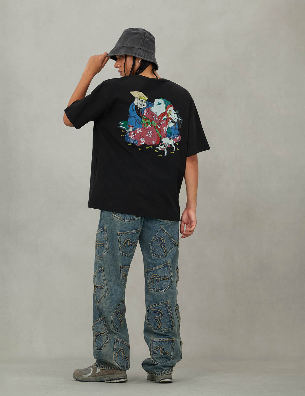 EVISU X F-LAGSTUF-F Shuga and Koban Coin Seagull Print Regular Fit T-shirt - Black