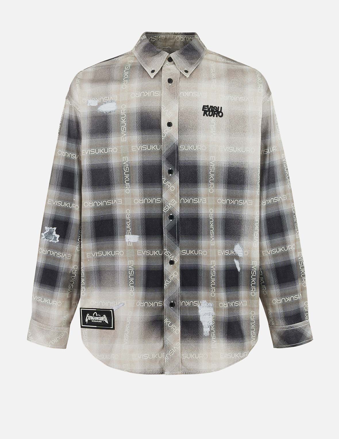 Allover Logo Print Distressed Oversized Check Shirt