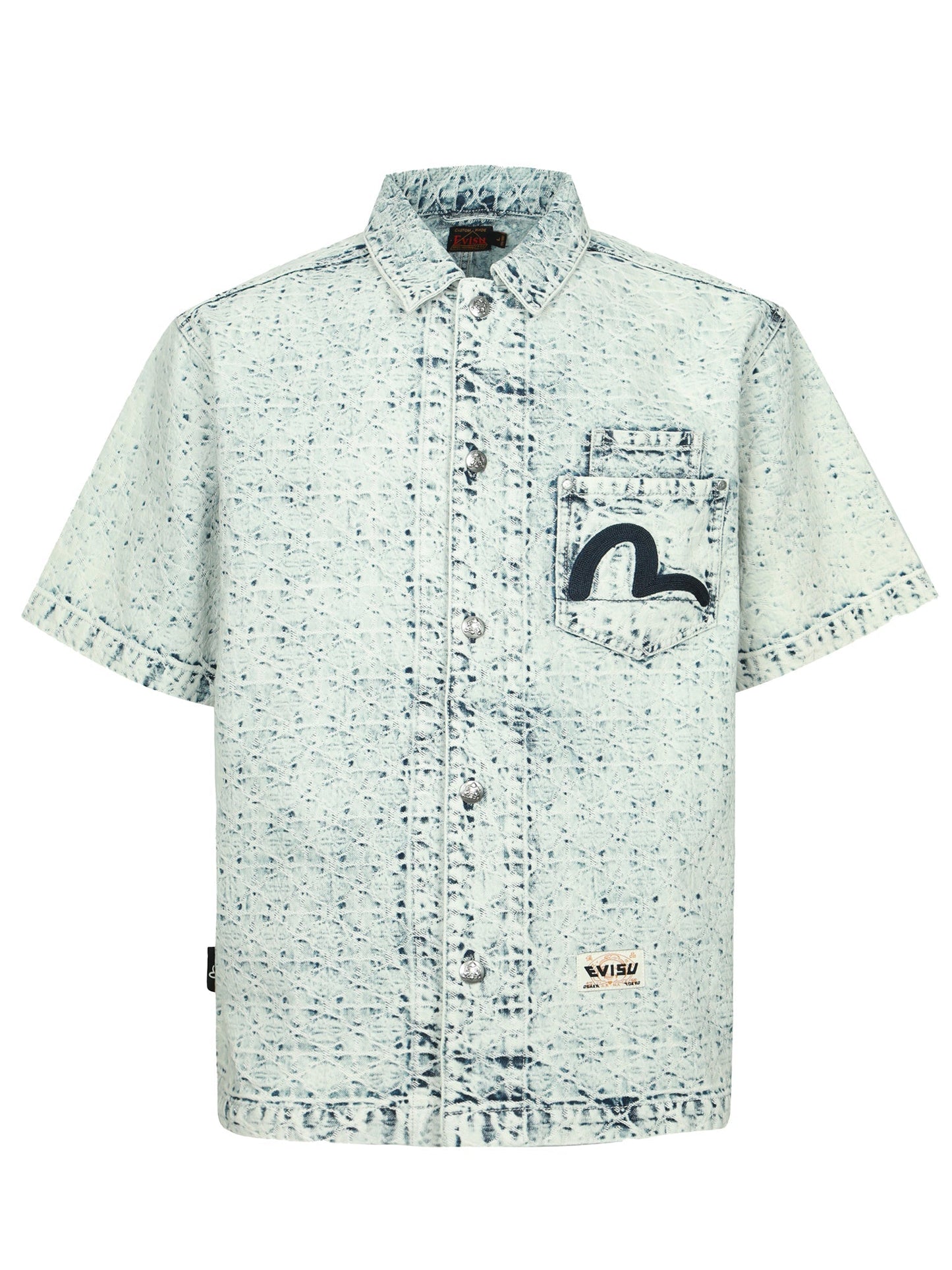 Washed Allover Kamon Jacquard and Seagull Embroidery Boxy Denim Shirt